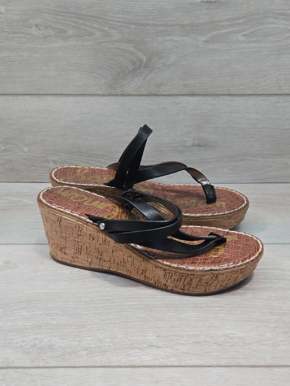 Sam Edelman Women Rasha Black Cork Wedge Thong Sandals Shoes Sz 6.5M